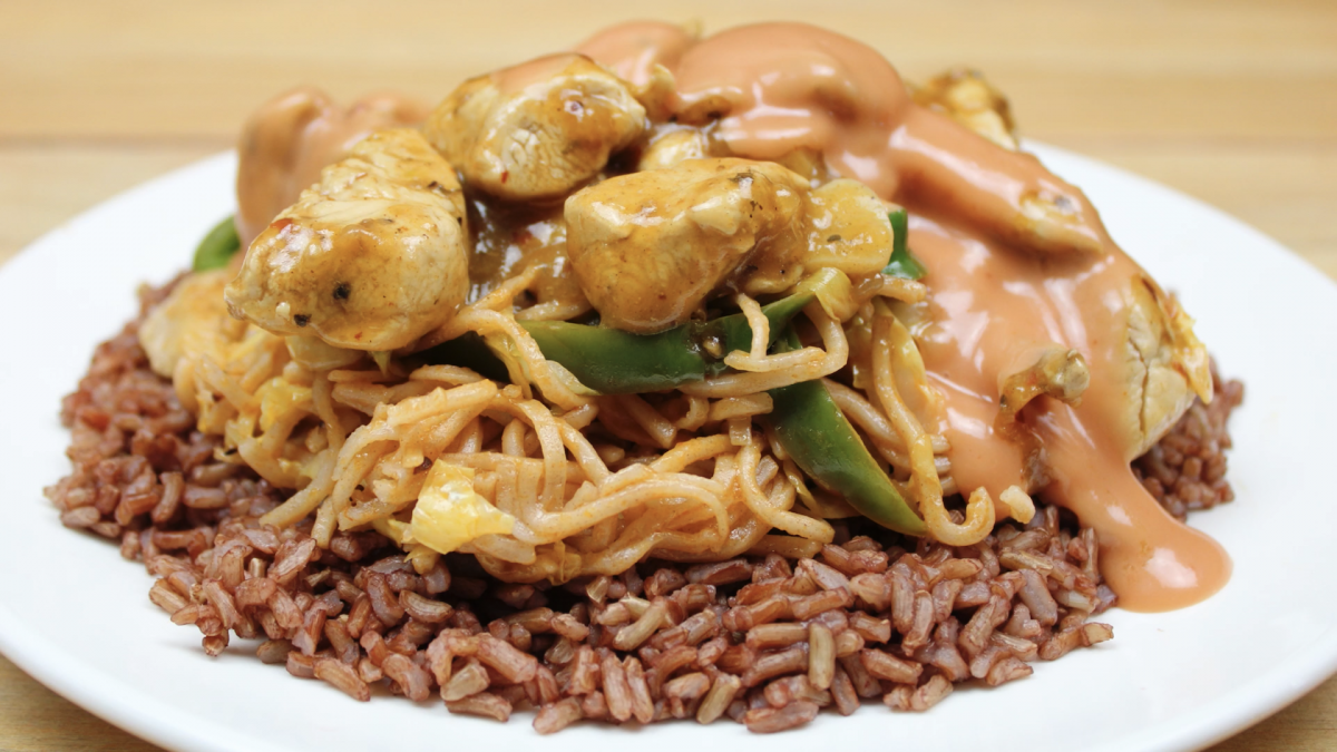 Fast Food vs Natural Food, red rice, chicken, cooked rice